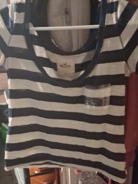Hollister Navy and White Striped Short Sleeve Tee with Sequin Pocket